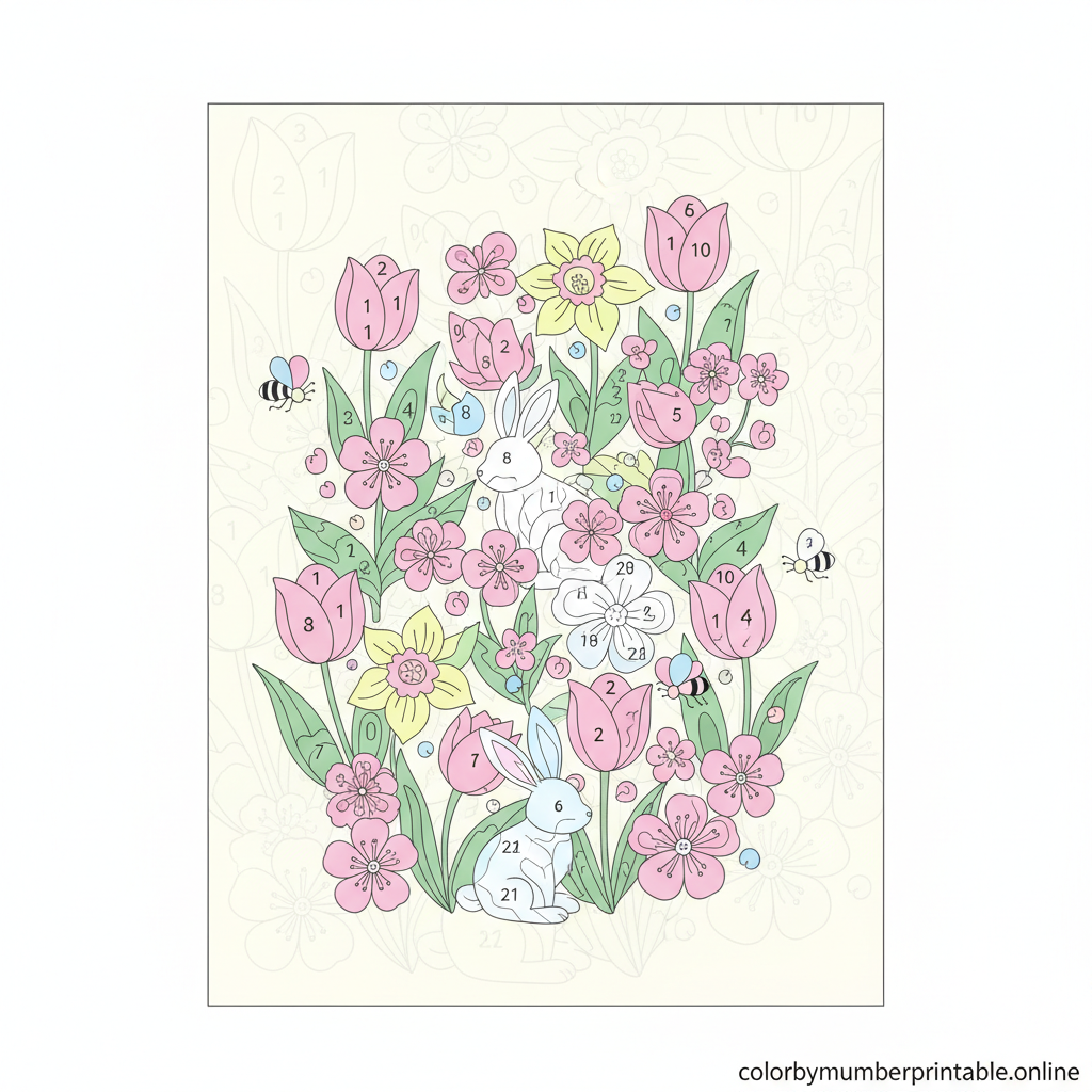 Spring color by number printable with flowers and bunny rabbits, fresh pink-green color palette, and bright, lively outline art